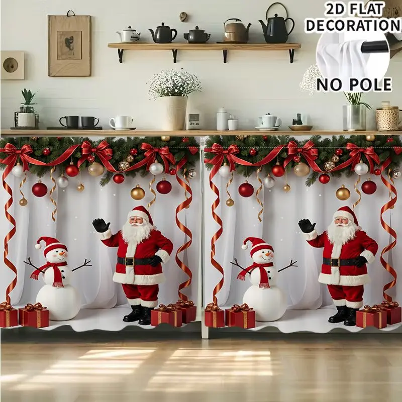 VIKAMA Christmas Shelf Curtain White Santa Snowman Gift Bauble Print Cabinet Cover For Kitchen Cupboard Bedroom Decor