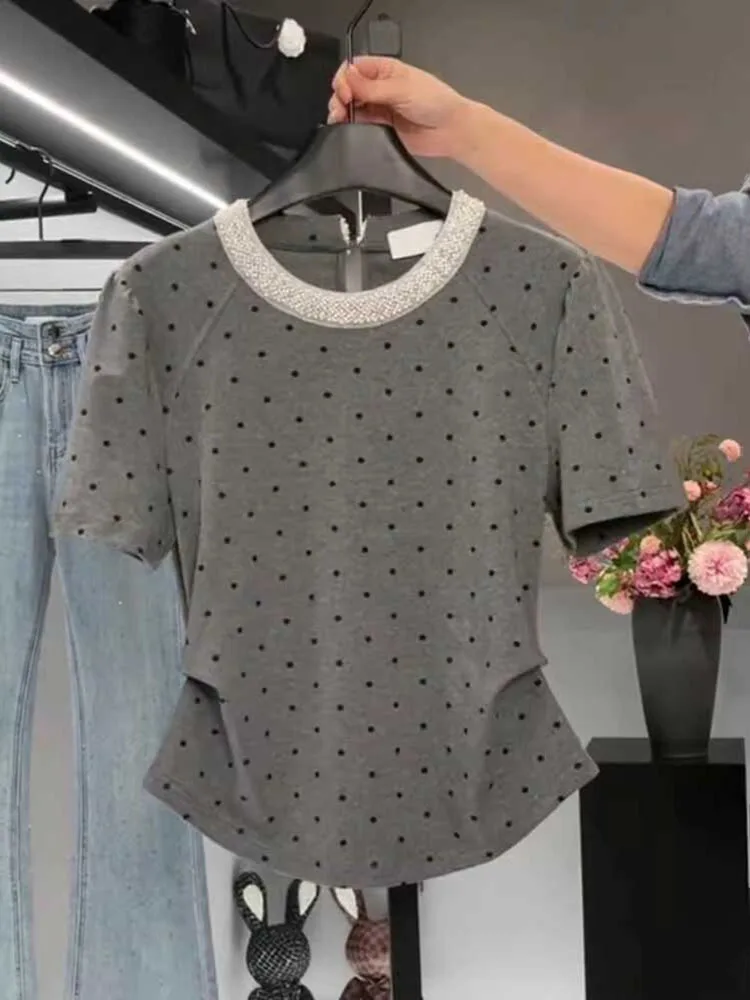 New Korean Cute Polka Dot Short Sleeve T-shirts Women Summer Fashion Cropped Tops Sweet Woman Casual Slim diamond Tees Tops