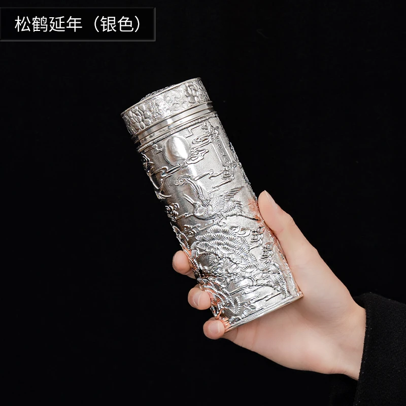 Handmade 999 Sterling Silver Cup, Auspicious Dragon, Baifu Pine Crane Plain Sailing Thermos Teacup Inner Tank Portable Water Mug