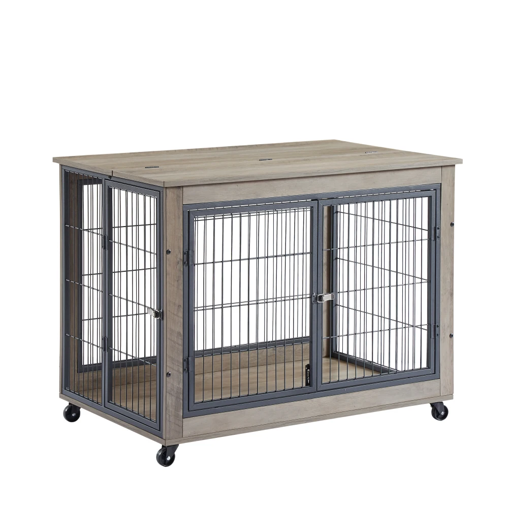 

Furniture Style Dog Crate Side Table on Wheels with Double Doors and Lift Top.Grey,38.58''w x 25.5''d x 27.36''h.