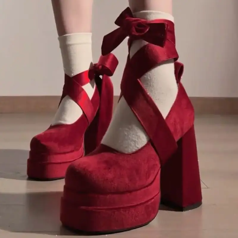 

​Autumn Winter Women's Super High Heel Platform Mary Jane Fashion Thick Heel Shoes 2025 New​ Cross Strap Footwear