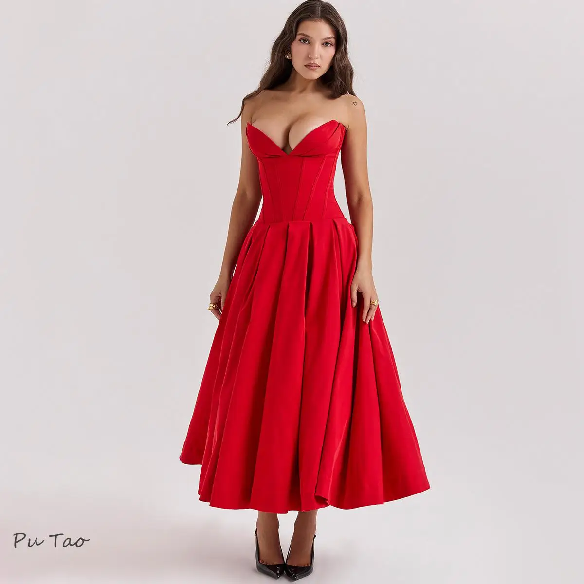 PuTao vestido de graduación sin tirantes para mujer, Vestidos sexys de verano, corsé de espina de pescado de Color sólido, vestido de noche de cumpleaños elegante