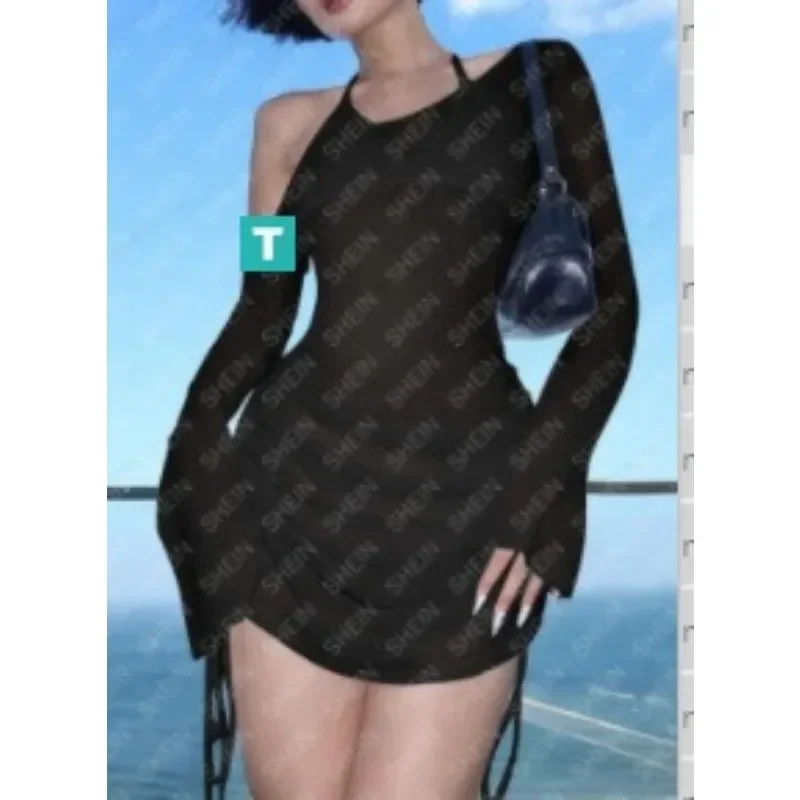 فستان أبيض أسود وردي شفاف برباط فستان قصير بأكمام طويلة Y2k ملابس نسائية فساتين حفلات مثيرة ملابس الشاطئ