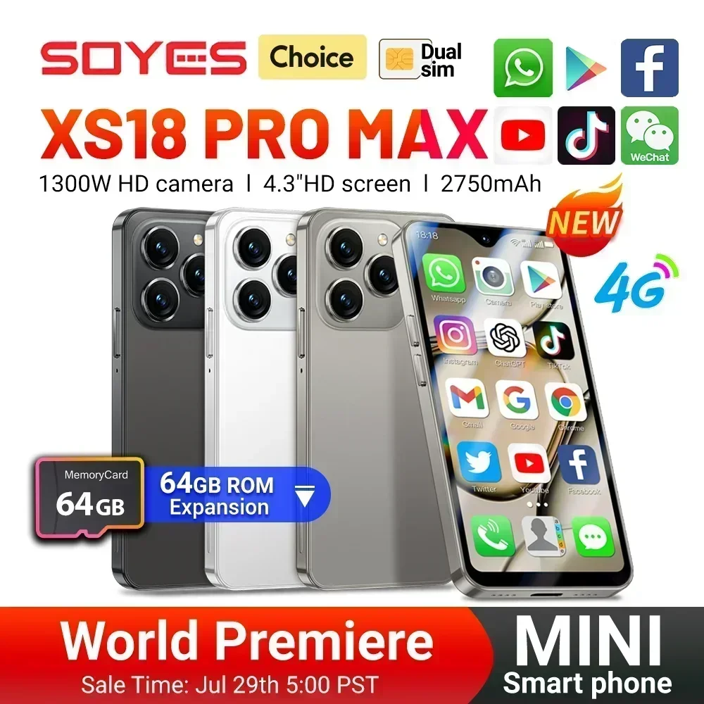 SOYES XS18 프로 맥스 미니 스마트폰, 4.3 인치, 글로벌 4G, 안드로이드 10.0, 2750mAh 배터리, 얼굴 인식, GPS 소형, 월드 프리미어 