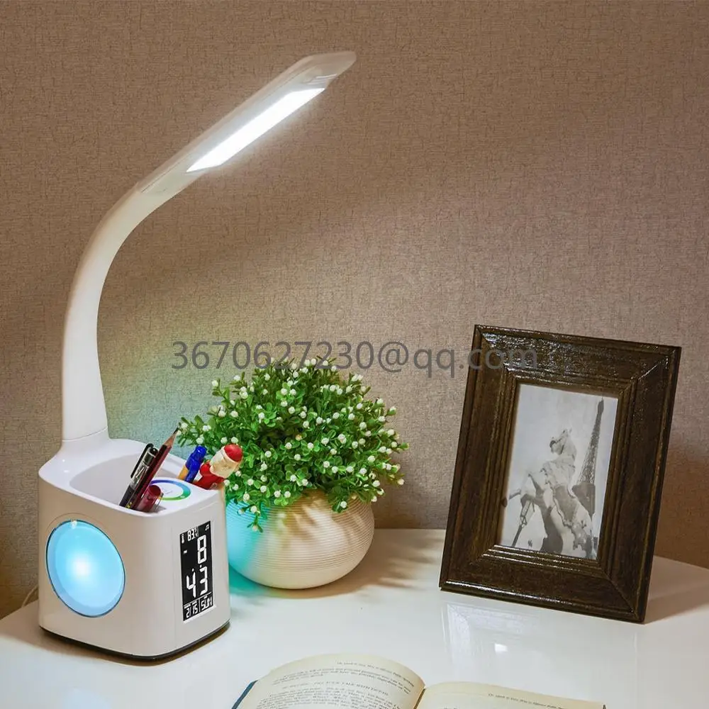 Student Study Office Modern Pen Holder USB Screen Alarm Clock Calendar Night Reading Light Kids Dimmable LED Desk Table Lamp