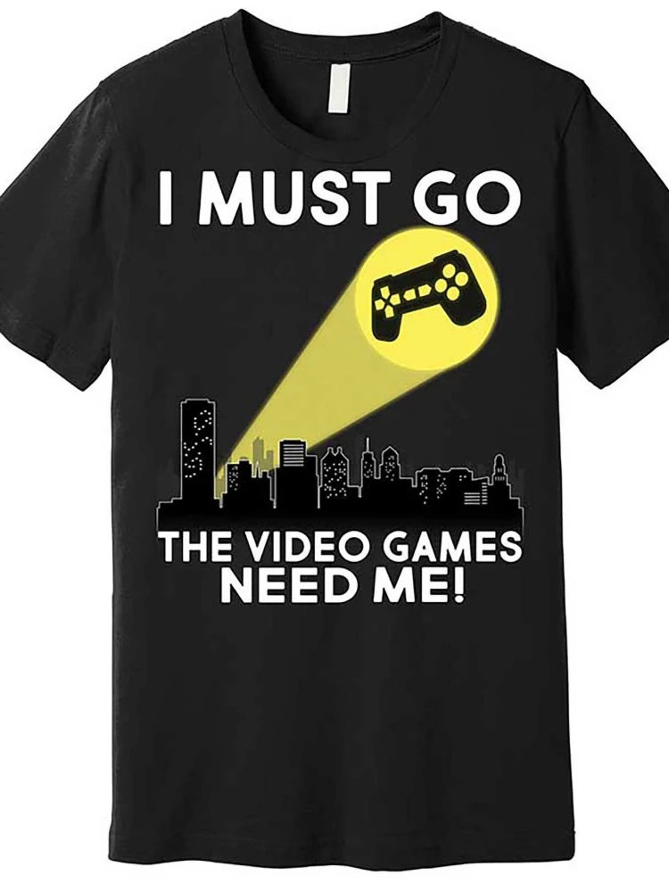 

"I Must Go,The Video Games Need Me!"Black with Yellow Game Controller Graphic-100% cotton O-neck casual printed men's T-shirt.