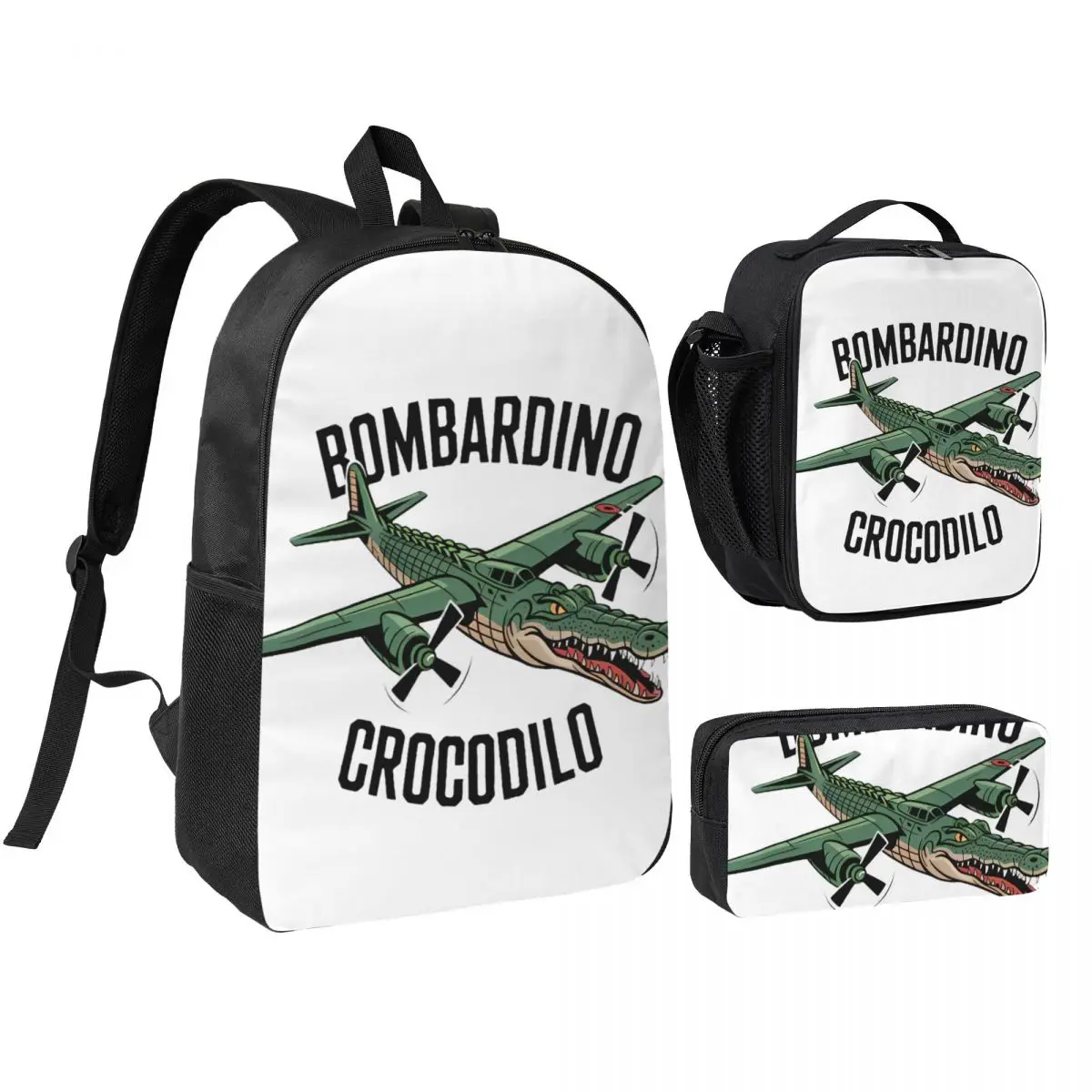 3pecs/set Funny Bombardiro Crocodilo Backpack High-capacity Italian Meme Brainrot High School Canvas Bags Lunch bag Pencil Case
