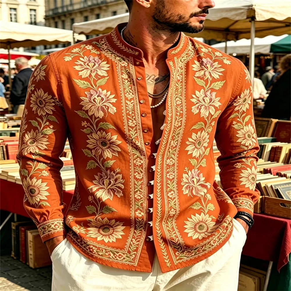 Men's Stand‑collar Long Sleeve Shirt Vintage Floral Sunflower Ethnic Print Button‑Up Shirt Boho Casual Oversized Streetwear Blou