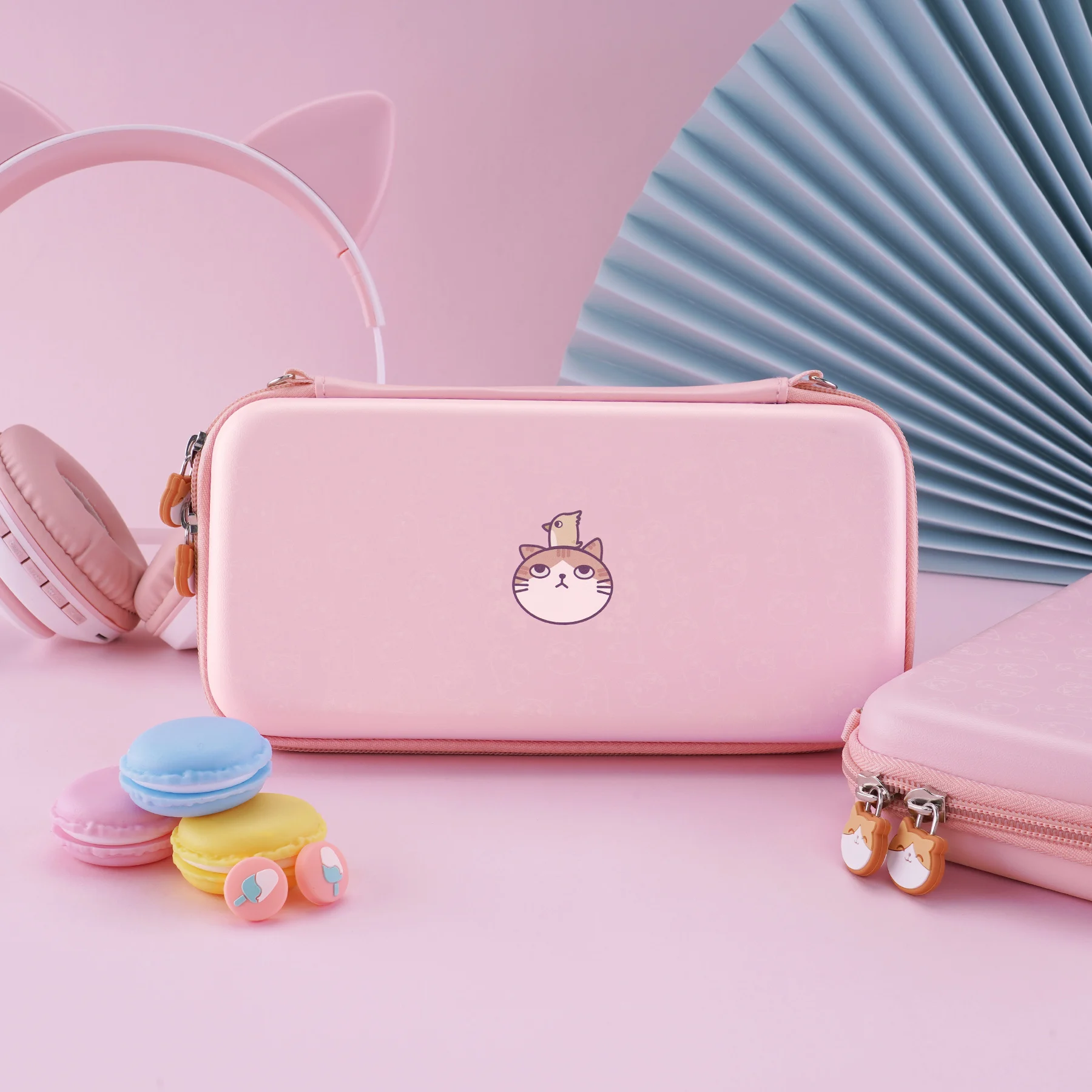 PlayVital 핑크 닌텐도 스위치 라이트용 귀여운 운반 케이스, 소녀 카와이 보관 케이스 스위치 라이트용 엄지 그립 캡 - 고양이 발