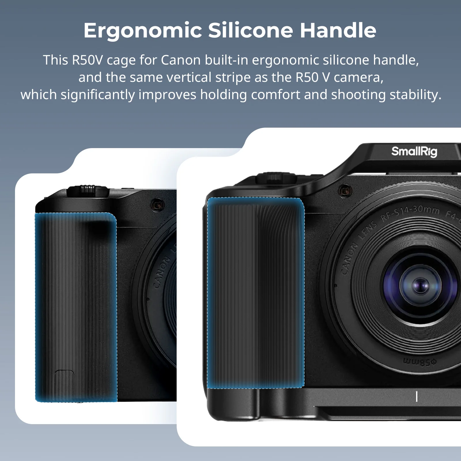 قفص صغير لكاميرات Canon EOS R50 V مع مقبض من السيليكون ولوحة تحرير سريعة من Arca-Swiss لحوامل ثلاثية لمثبتات DJI RS -5427