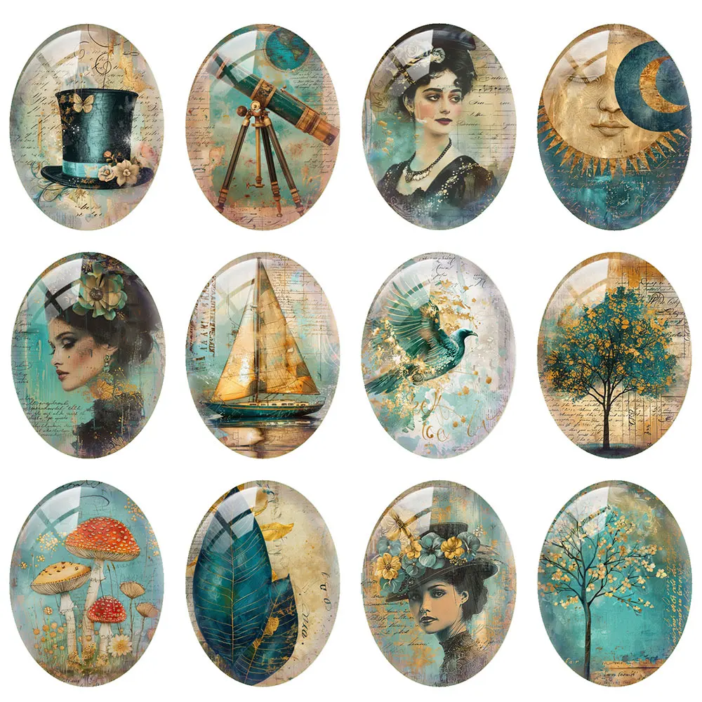 10pcs/lot Blue Bird Horse Lady Peacock Oval Photo Glass Cabochon Flatback Demo Flat Back Cameo For Diy Jewelry Making Supplies