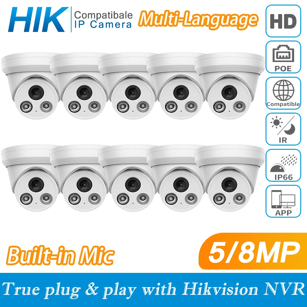 Hikvision Compatible 4K Dome Security Protection 8MP IP Camera CCTV Camera 5MP PoE IR30M Night Vision Surveillance Build in MIC