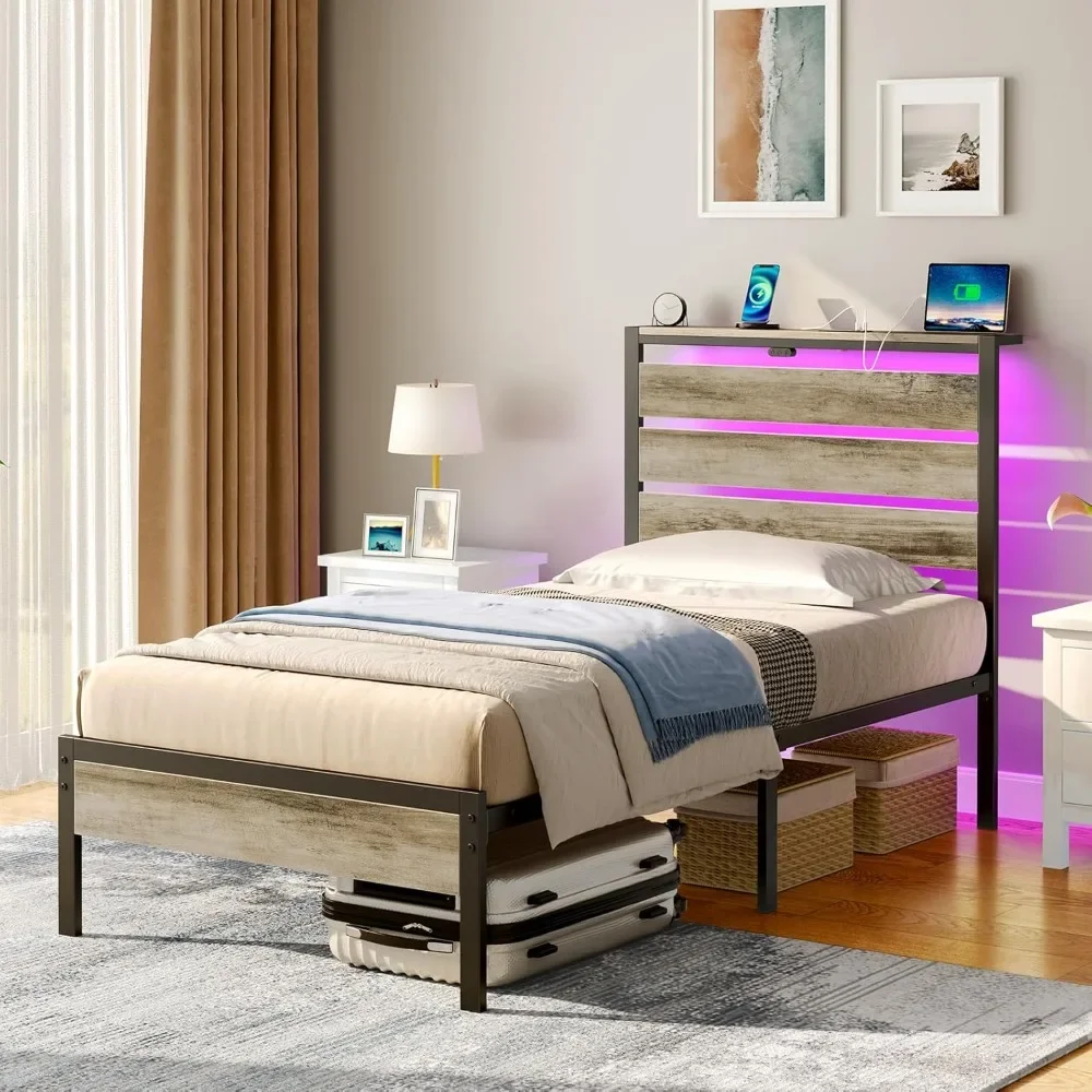 Marco de cama Rolanstar de tamaño doble con estación de carga USB, marco de cama LED con cabecera de almacenamiento de madera, cama con plataforma de metal