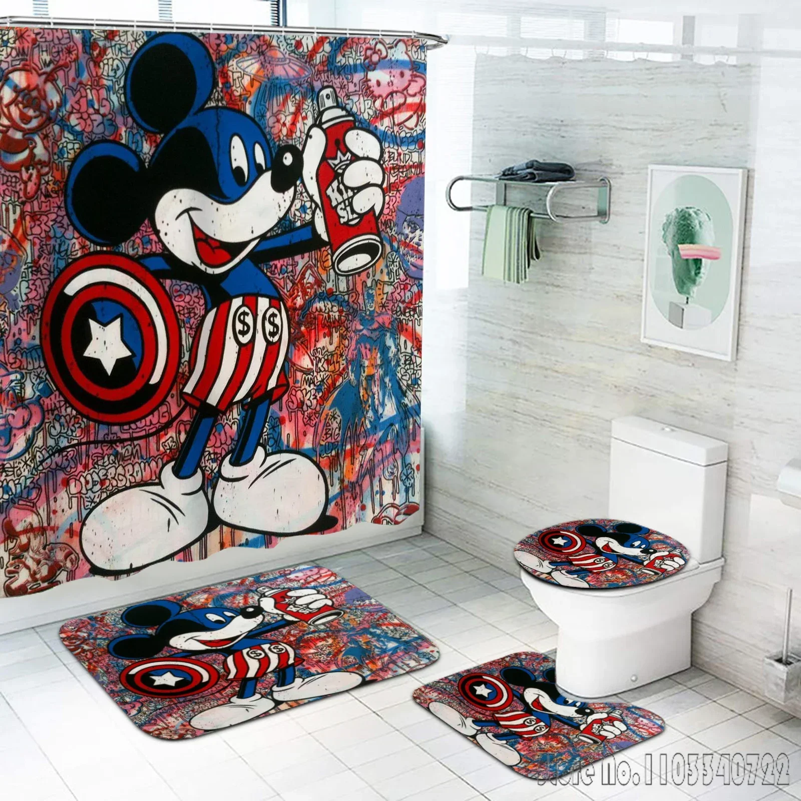 Mickey Mouse Disney Bath Shower Curtain Set 4pcs with Hooks Waterproof Bathroom Toilet Mat Lid Decor