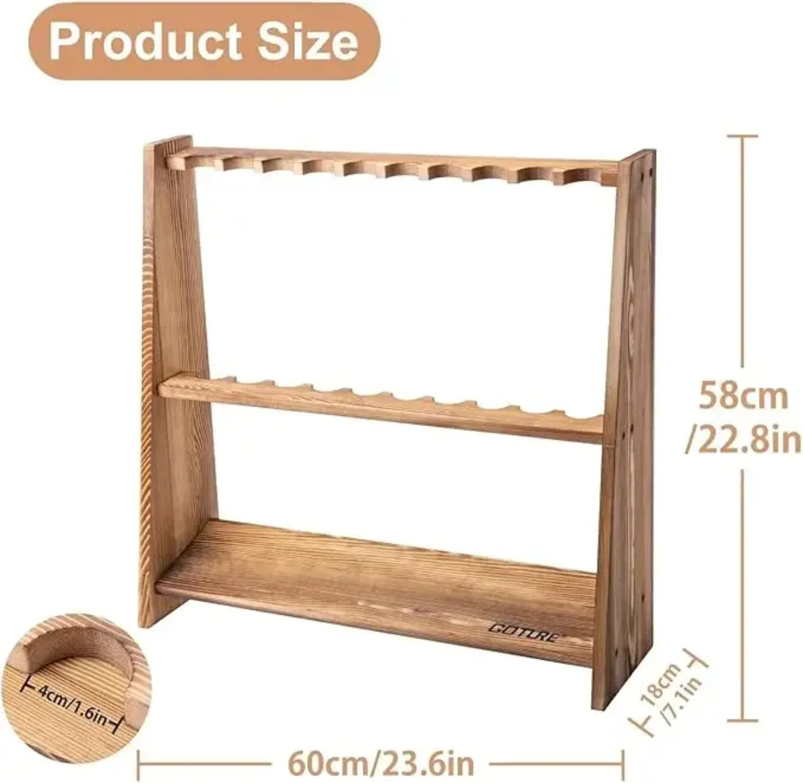Goture Carbonized Pine Wood Fishing Rod Rack 10 Slots Floor Rod Holder Easy Assemble Removable for Display Organizer All Rods view 2