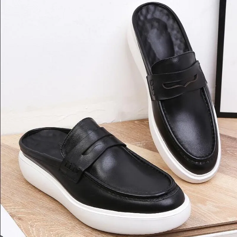 

Cover Toe Half Slippers White Black Full Grain Leather Comfort Soft Heel Mens Lazy Flats Shoes