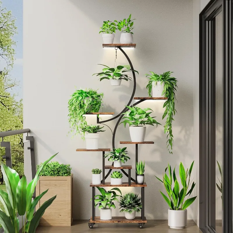 حامل نباتي داخلي مع أضواء للنمو، حامل نباتات داخلي بعجلات، رف نباتي 8 طبقات داخلي، حامل نباتات طويل القامة داخلي قطعتان #6