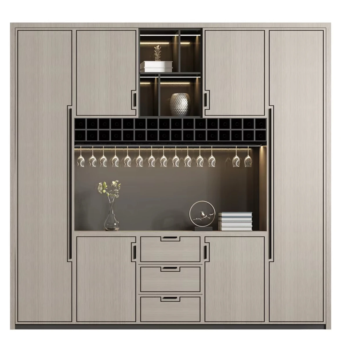 Bespoke High-End Solid Oak Wood Modern Wine Cabinet with Integrated Display Shelves Multi-Functional Design