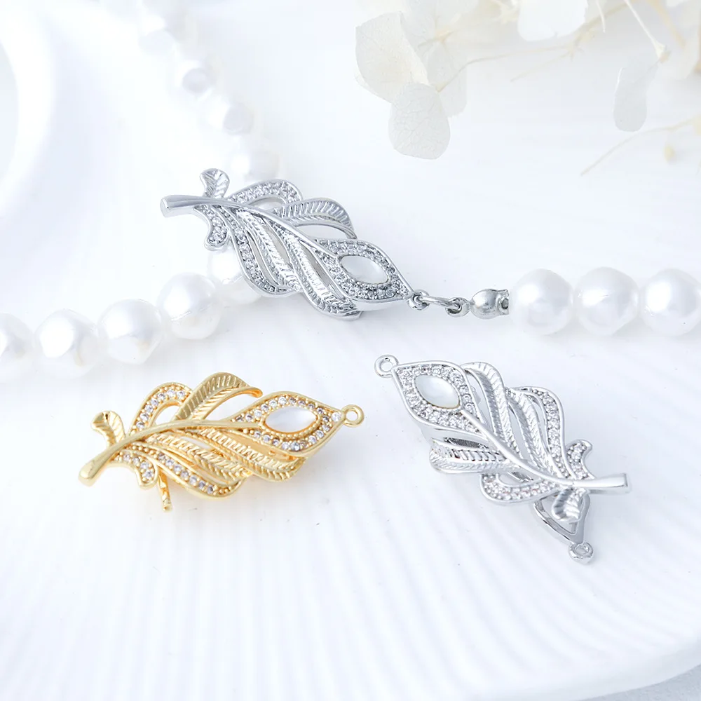 

Медное позолоченное циркониевое жемчужное ожерелье с пряжкой в форме пера, пресс-пряжка, сделай сам, цепочка для свитера из бисера, ювелирные аксессуары