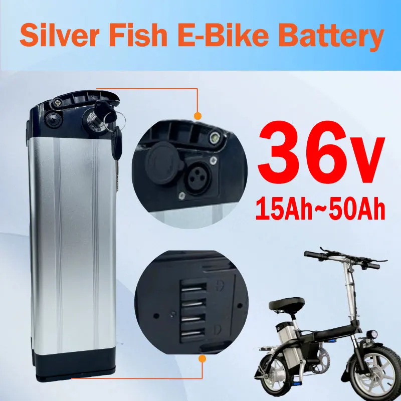 100% high-quality 36v 15ah 30ah 40ah 50ah lithium battery Silver Fish battery 500w lithium-ion electric bicycle 36v18650 battery