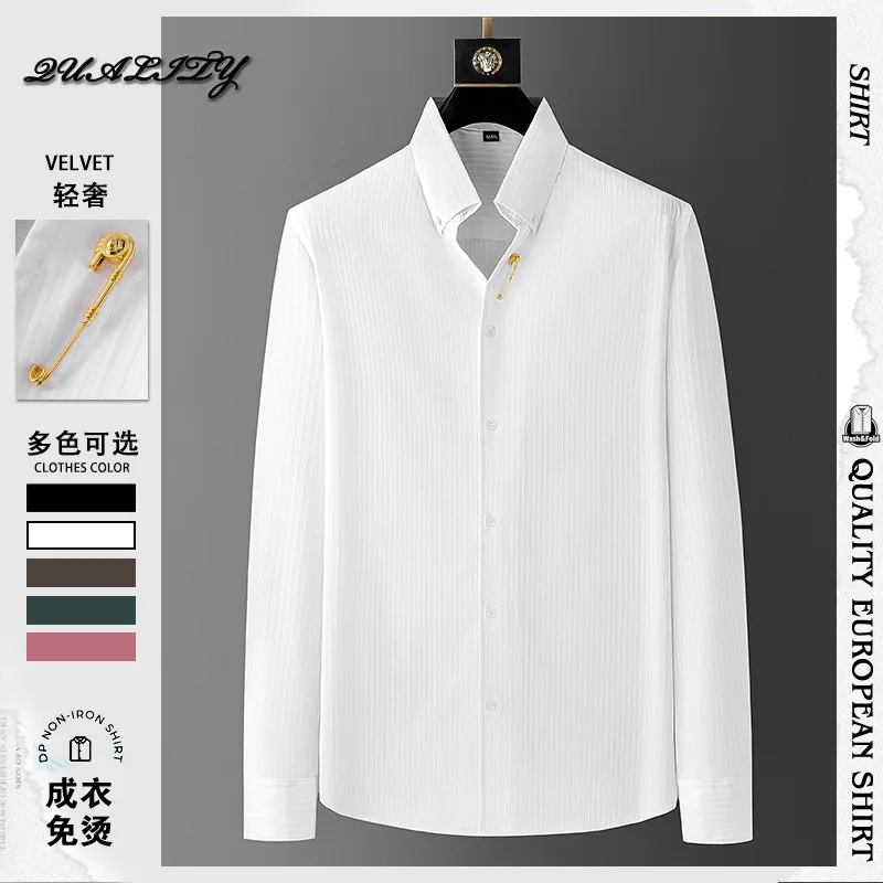 Men's shirt simple vertical stripes fashion long sleeved shirt non ironing version slim fit business shirt pin style