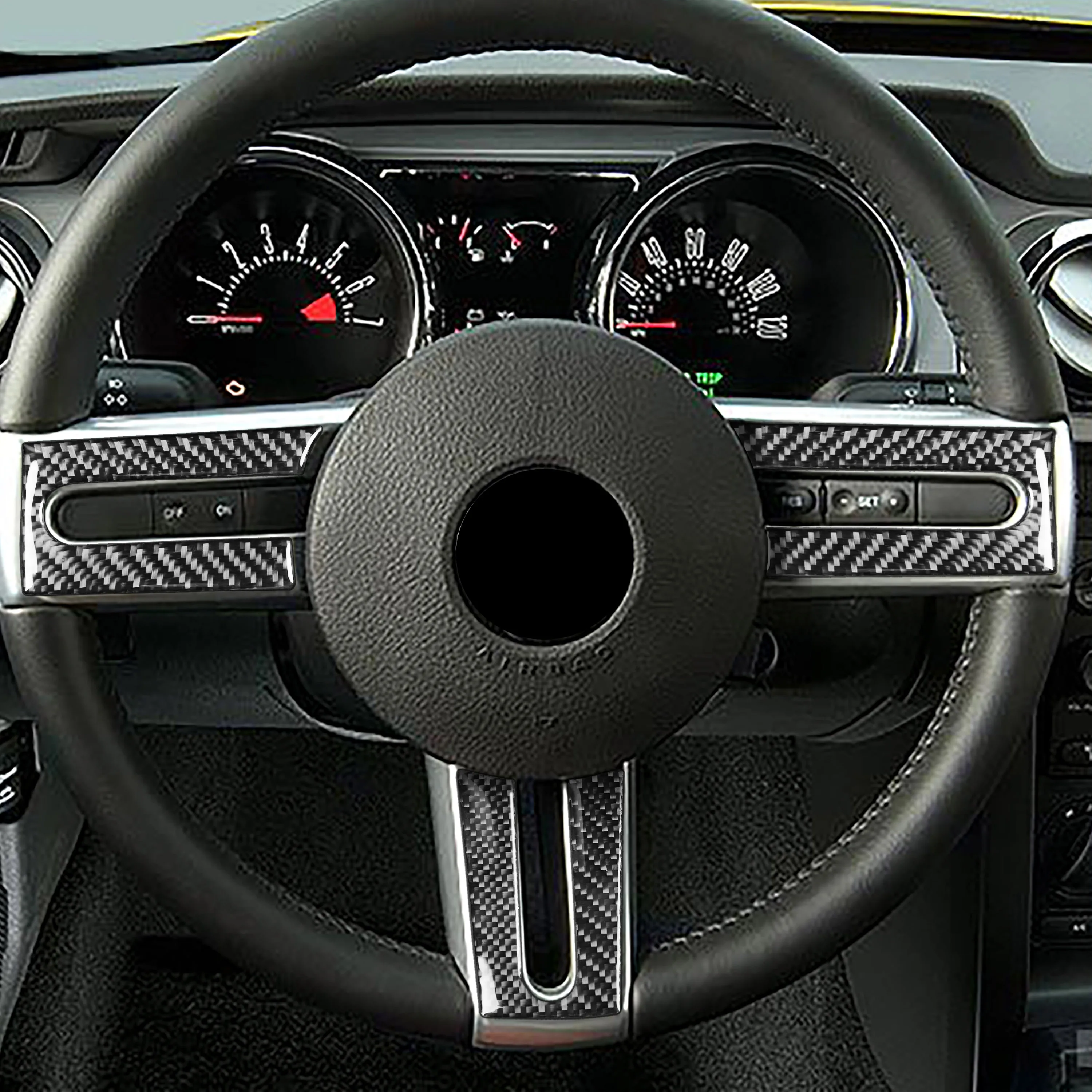 3pcs/Set Black Carbon Fiber Car Interior Steering Wheel Cover Trim Frame Fit for Ford Mustang 2009 2008 2007 2006 2005