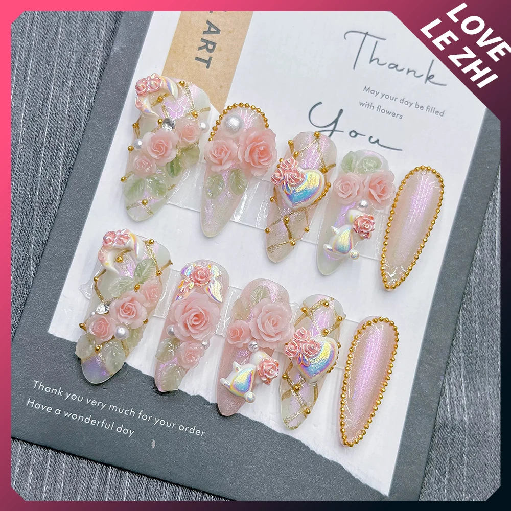 Cute Flower Handmade Press On Nails Full Cover Cartoon Pearl Butterfly Design Long Ballet Summer ocean Wearable Fake Nail