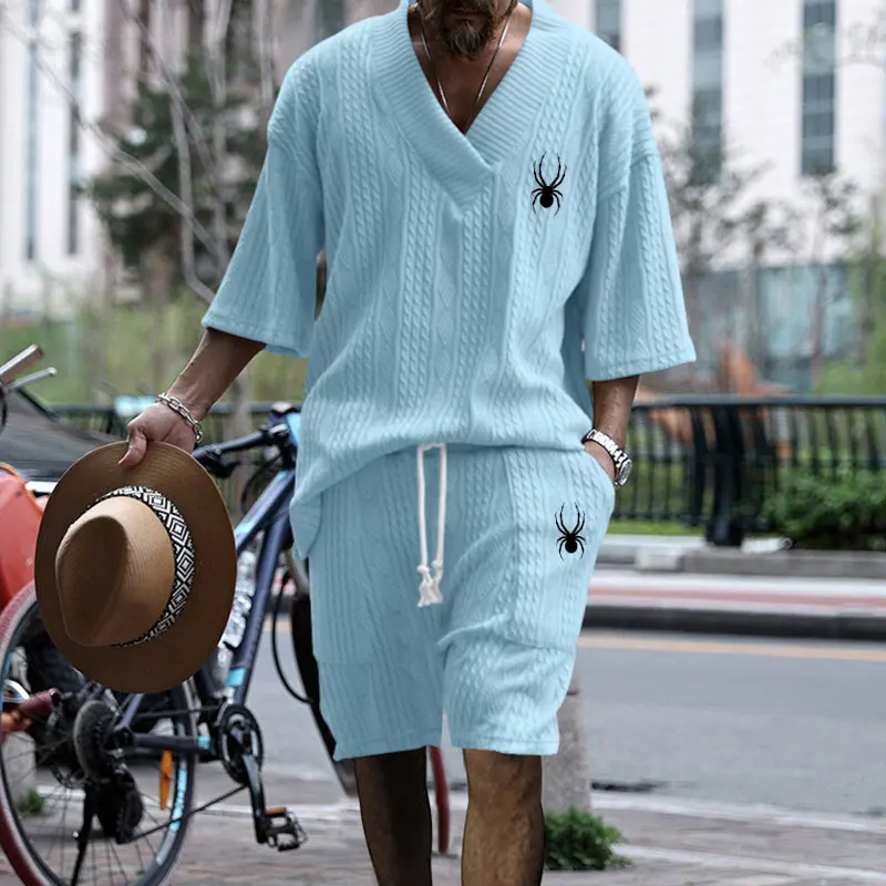 2024 European-style Fashion Men\'s Set Summer Jacquard Brand Men\'s Clothing V-neck Half-sleeve T-shirt And Shorts Two-piece Set