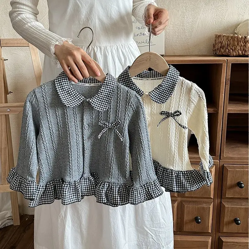

Autumn New Princess Girls Lace Sweater Fake Two-piece Sweet Doll Collar Baby Kids Knitted Shirts Tops for Children's Clothing