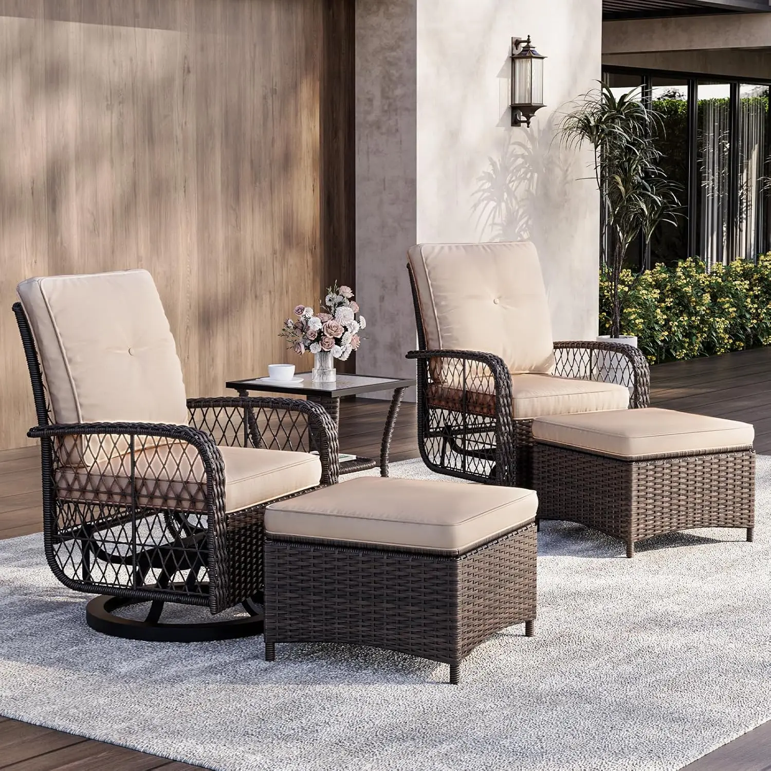 Outdoor Swivel Rocker Chair Set with Small Side Table Wicker Rattan Patio Furniture Set for Backyard, Balcony, Deck