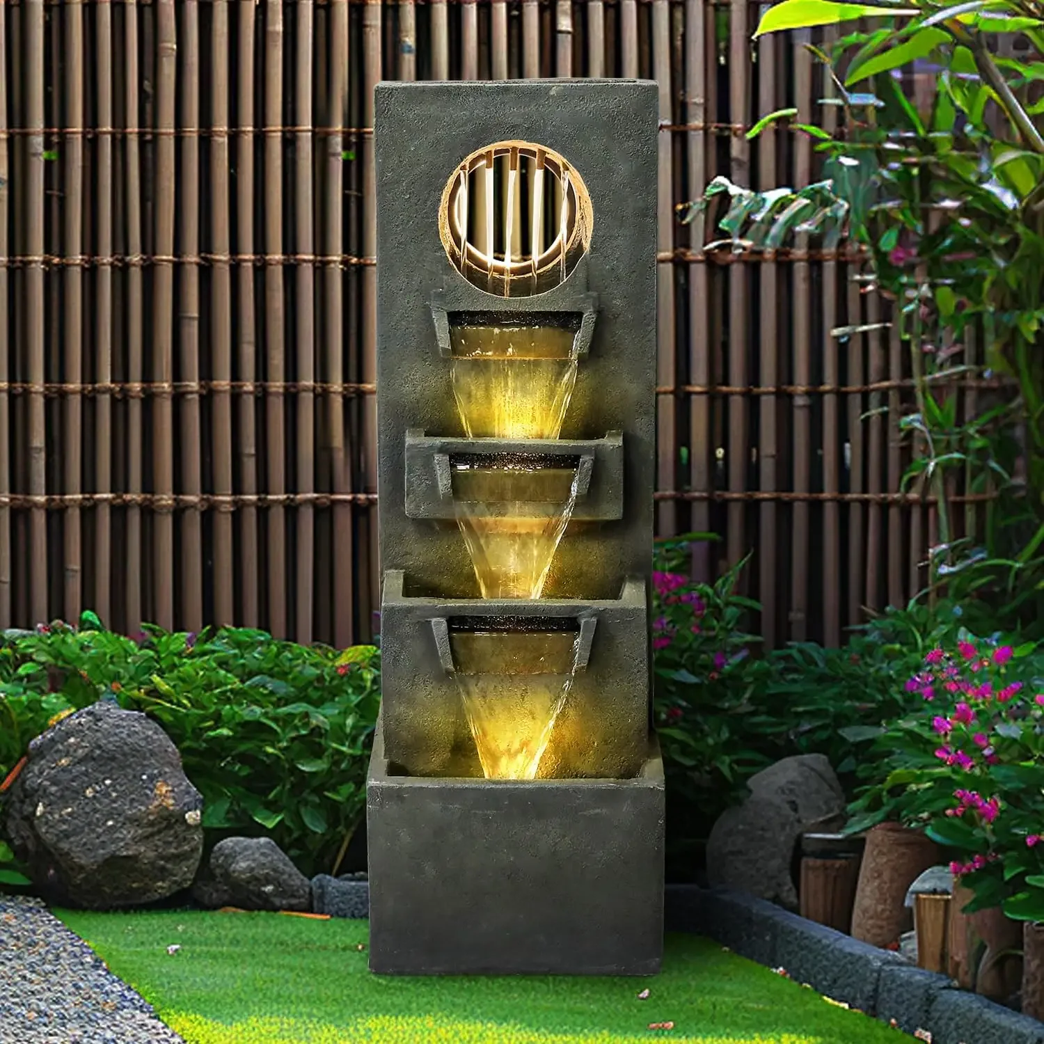 39.3”H Modern Outdoor Waterfall Fountain - Tall Indoor Relaxing Floor Fountain Outdoor with Light&Pump