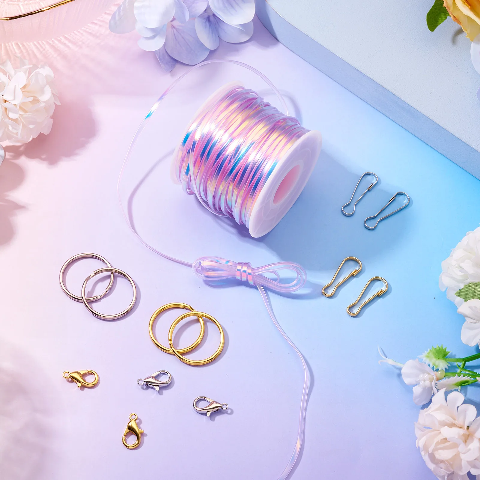 3mm Flat PVC Laser Cord for DIY Key Chain Jewelry Making Kits with Iron Split Key Rings & Key Clasp Alloy Lobster Claw Clasps