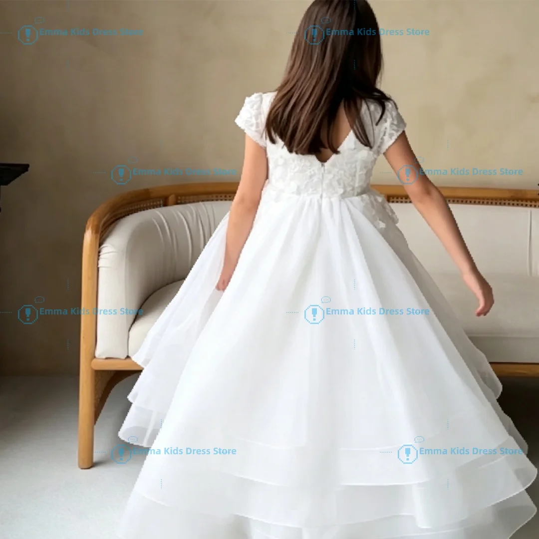 Custom Girls' White 3D Floral Lace Multi-layer Tulle Dress, Short-sleeve Prom Dress, and Birthday Party Wedding Children's Forma
