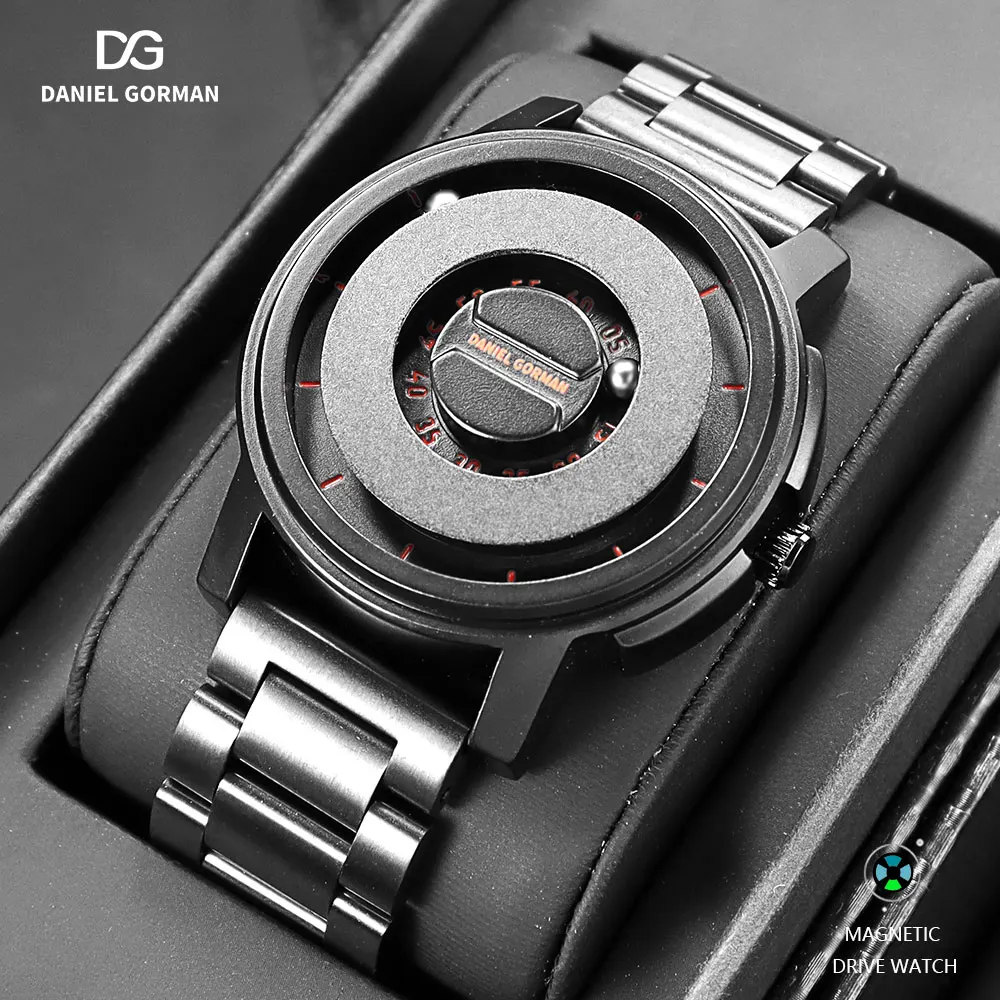 

DANIEL GORMAN DG0118 Black Stainless Steel Sport Watch for Men Waterproof Magnetic Driven Quartz Wristwatch with Beads Pointers