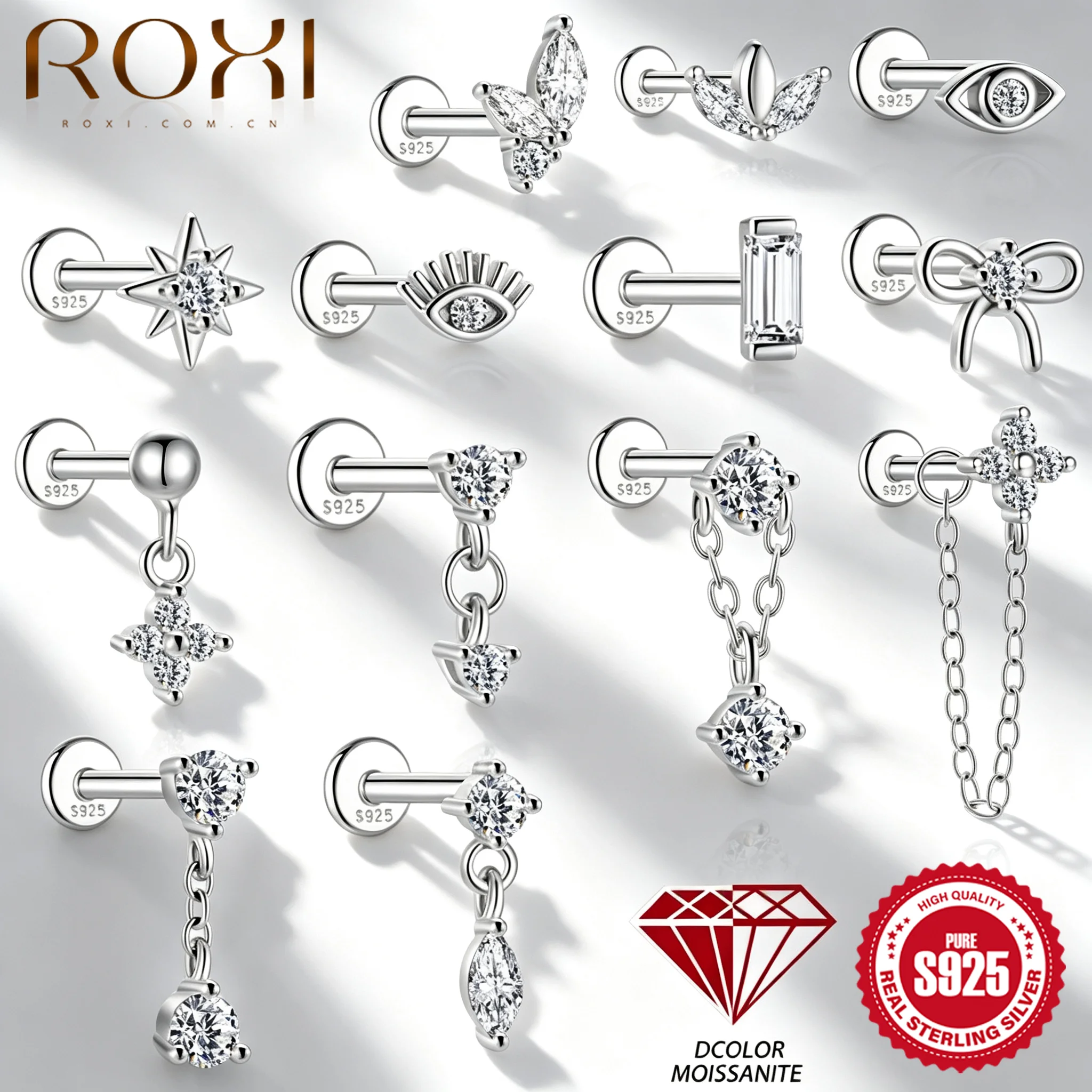 ROXI Moissanite Argent Sterling 925 Boucle d'oreille clou à dos plat pour femme, avec pendentif géométrique fleur et motif pompon, bijoux fins