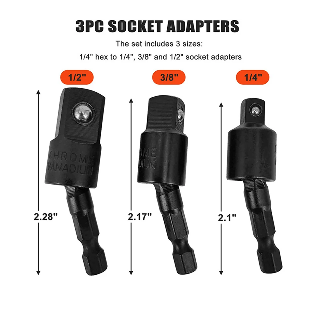 

Adapters Socket Adapter 50mm Black Hex Shank 1/2\" 1/4\" 3/8\" 3pcs Adapters Chrome-vanadium Steel High Quality