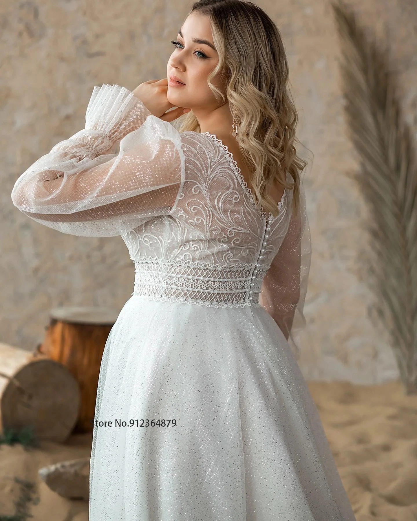 Elegant Long Puff Sleeves V-neck Stunning Tulle Wedding Dresses Button Back Lace Applique  Beach Bridal Gown Robe De Mariée