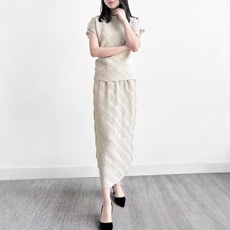 

Miyake Pleated Plaid Women's Matching Sets Short Sleeve Top Maxi Skirt Oversize Breathable Summer Casual Women's Clothing Outfit