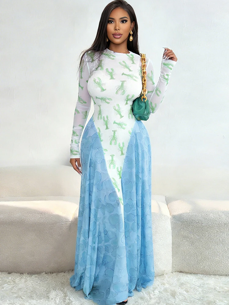 Sisterlinda Contrast Design Dress Women Crayfish Print o-Neck Full Sleeve Sexy See Through Hem Fall Ruched Elegant Long Bodycon