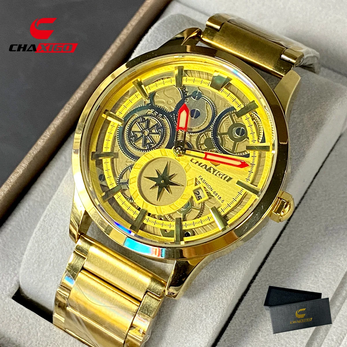 

CHAXIGO Men's W atch Hollow Decoration Movement Business Waterproof Luminous Sports Fashion Strap Watch