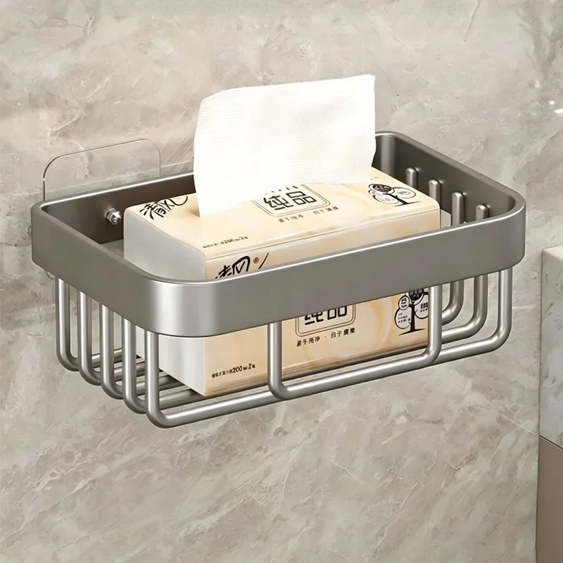 yesNo Drill Wall Mounted Bathroom Shower Shelf, Punch‑Free Carbon Steel Rectangular Storage Rack for Toilet Home Organizer