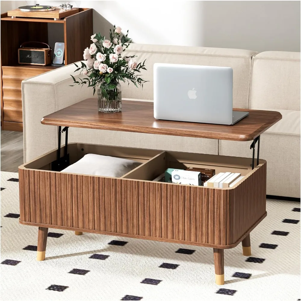 

Rectangle Lift Top Coffee Table With Hidden Storage - Mid Century Modern Fluted Wood Center Table for Living Room, Convenient