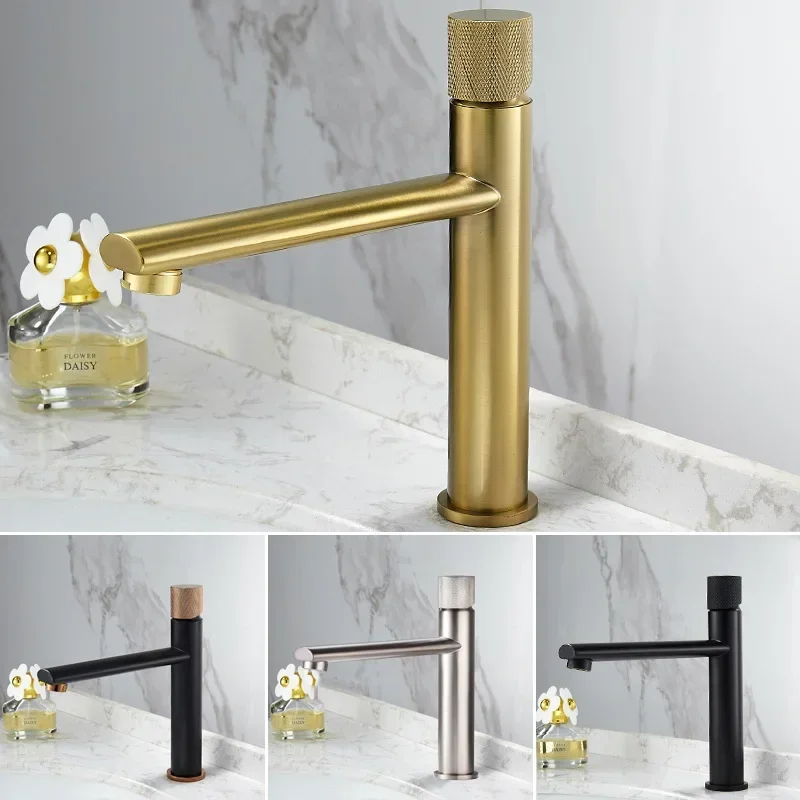 Modern Bathroom Basin Faucet Mixer Tap Hot Cold Water Deck Mount Single Knurled Handle One Hole Washbasin Swivel Knob Tap