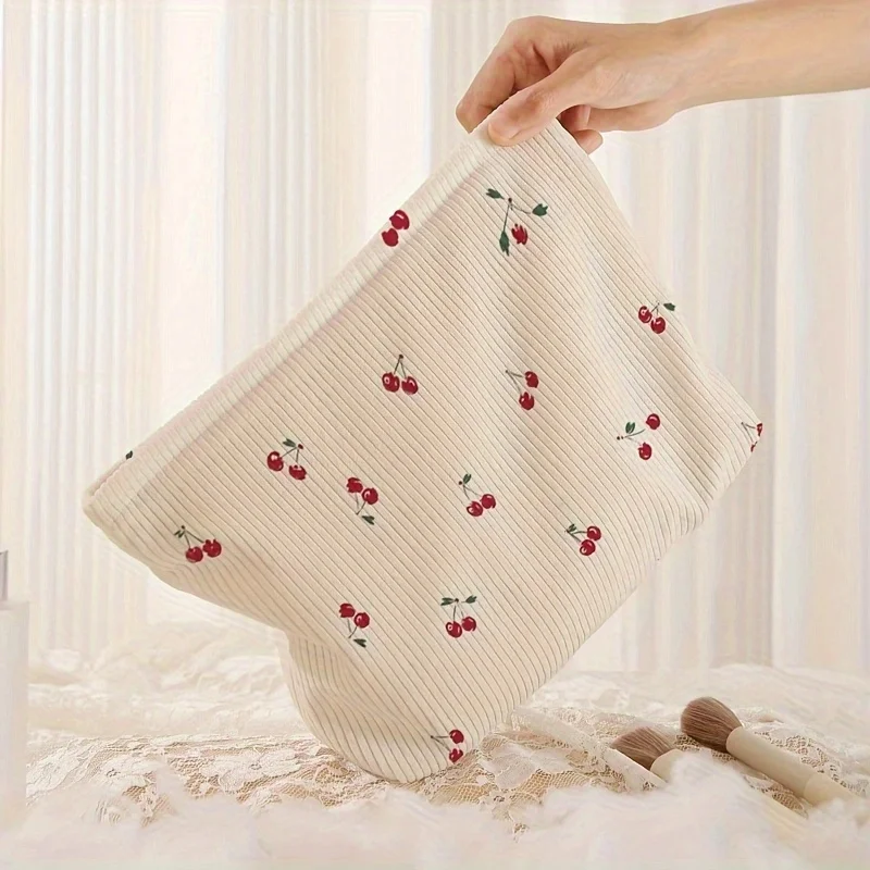 Cherry printed corduroy makeup bag, lightweight zipper makeup storage box, multifunctional bag with lining