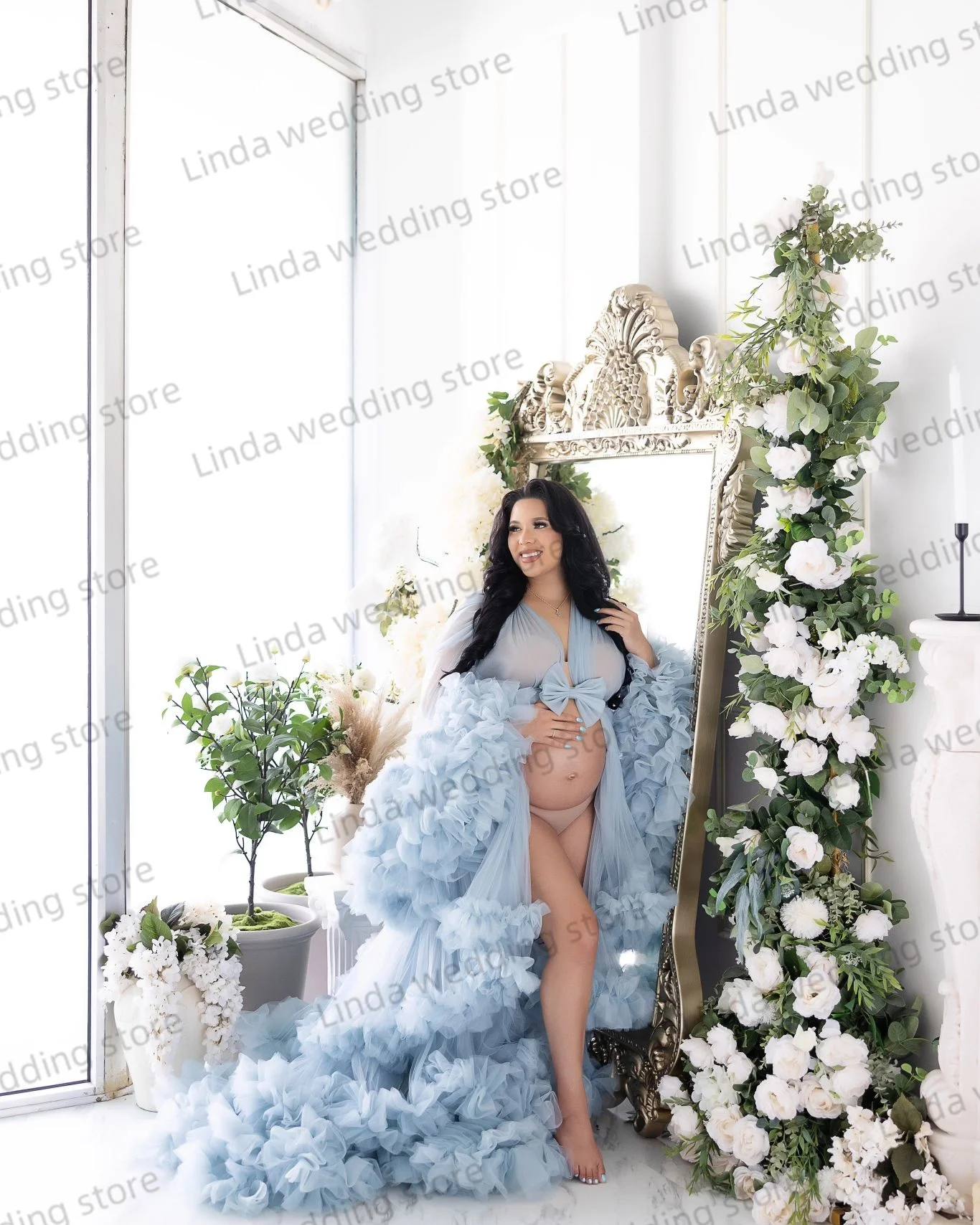 Illusion Sky Blue Maternity Dress Women Dala Gowns for Photoshoot V Neck Fuffly Ruffles Pregnancy Babyshower Robes with Bow