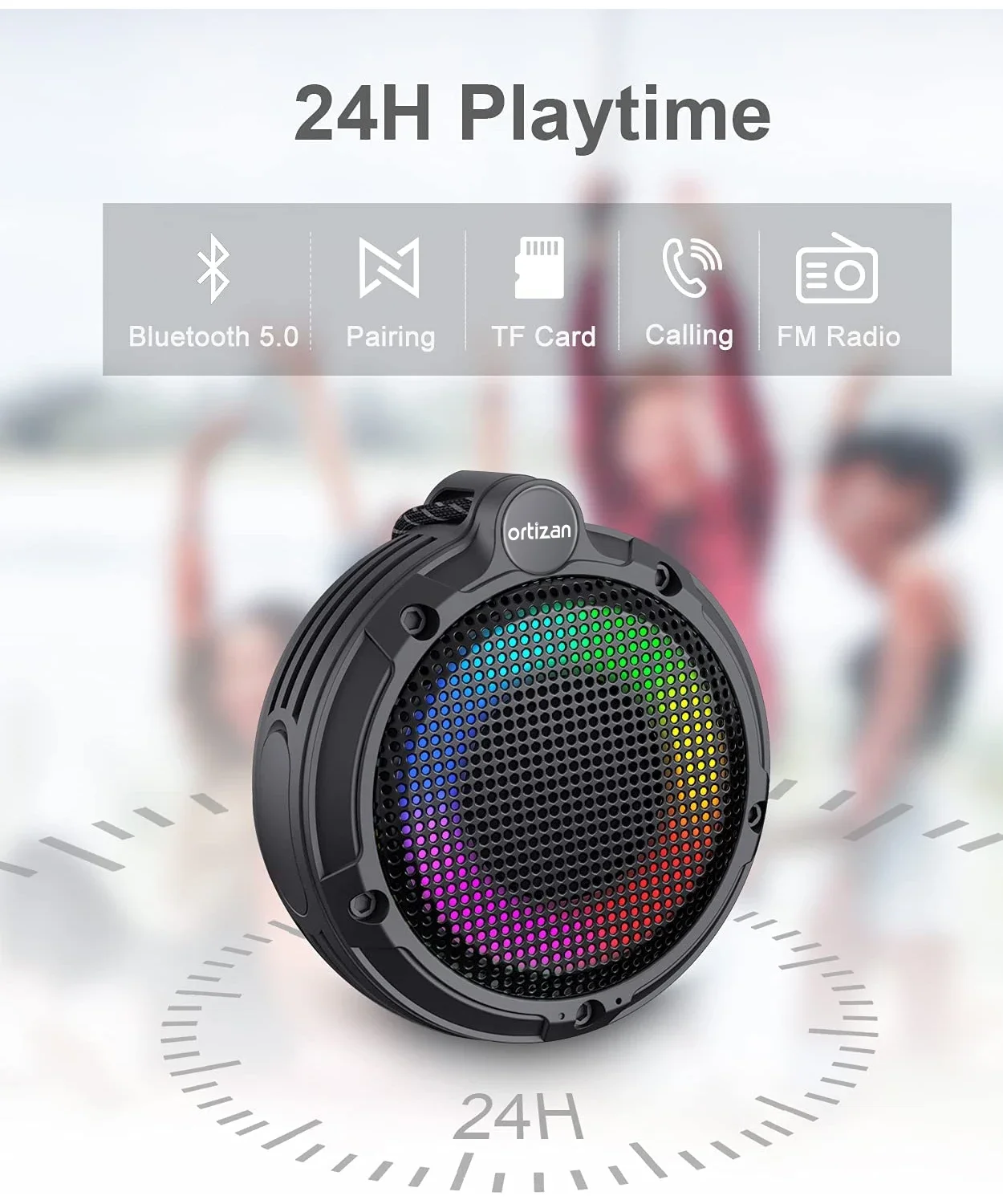 

2024 Bluetooth Speaker with RGB Light, IPX7 Waterproof Portable Shower Speaker w/HD Sound, TWO Pairing, Bass, 24H Playtime