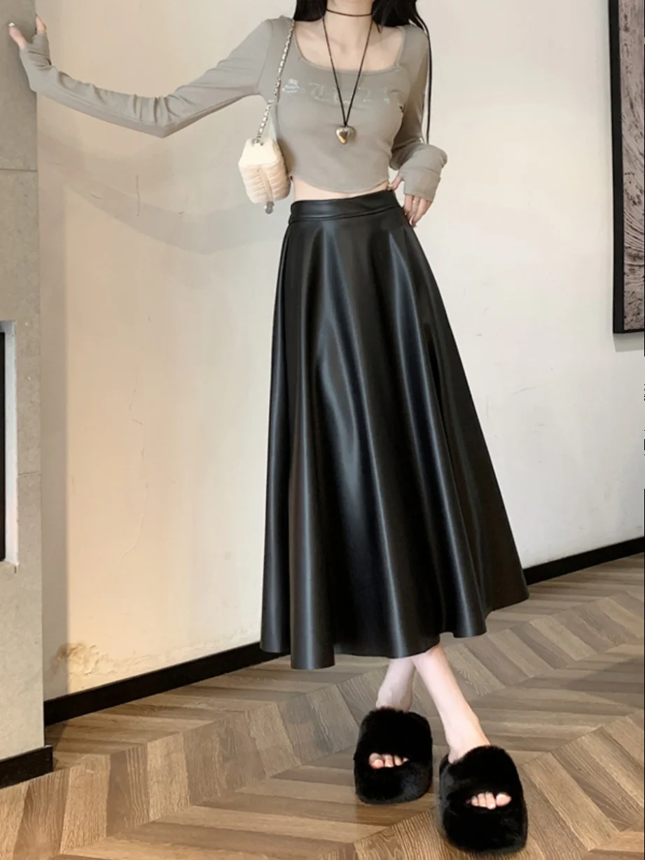 

Универсальная юбка из искусственной кожи с высокой талией, облегающая, миди, А-силуэт, для женщин, осень-зима, новая коллекция, однотонная, для повседневной носки