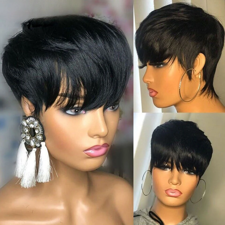 

Pixie Human Hair Black Short Cuts Women Hairstyles Natural Wigs