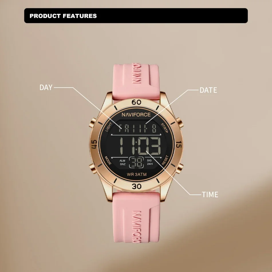 ساعة NAVIFORCE للنساء موضة رياضية مقاومة للماء LCD رقمية ليوم وتاريخ بسوار من السيليكون ساعة يد إلكترونية Relogio Feminino