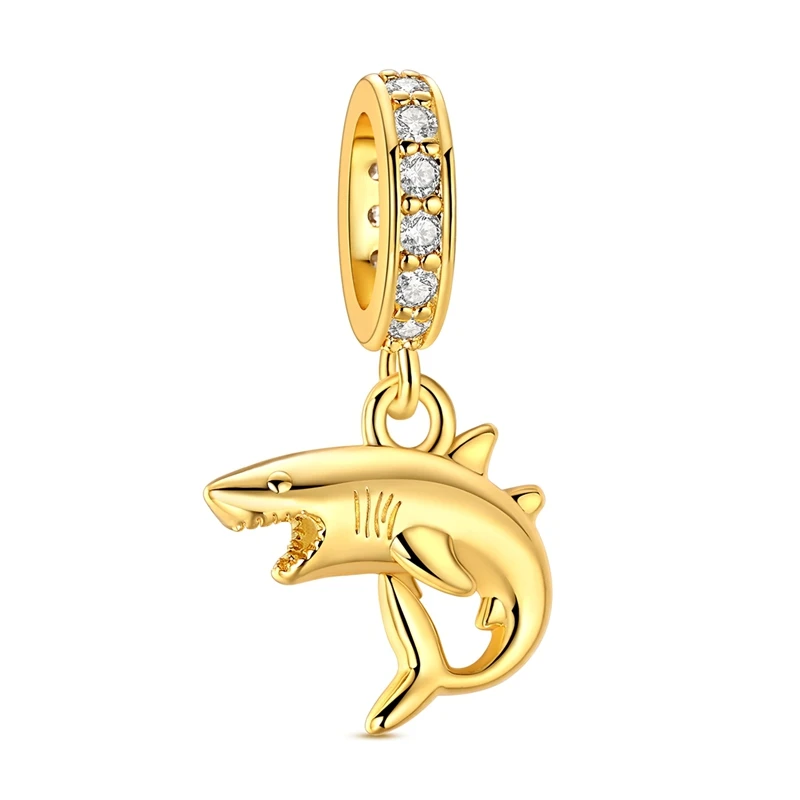 

925 Sterling Silver Golden Shark Charms Bead CZ Zircon Dangle Fit Original Bracelet DIY Women Jewelry Gift